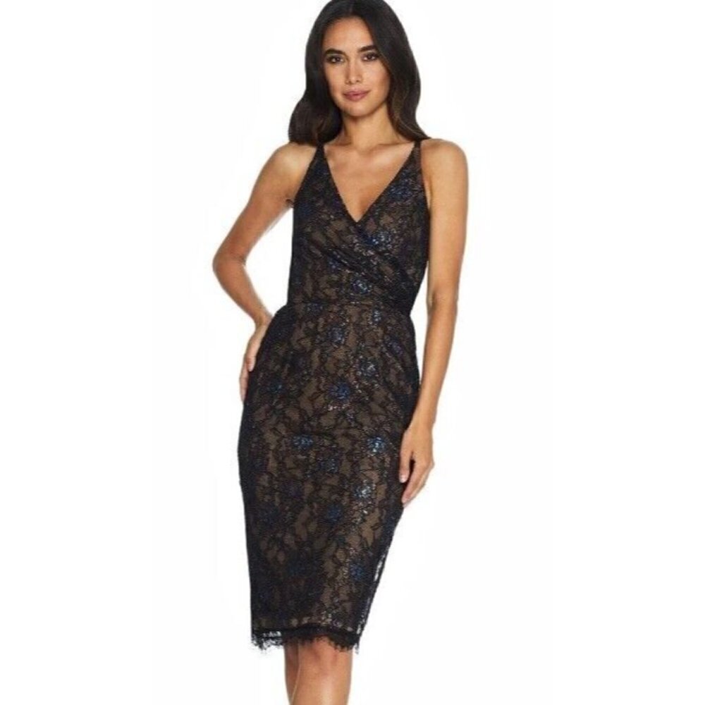 Dress The Population Fiona Dress Womens S Black Metallic Lace Mini Sleeveless
